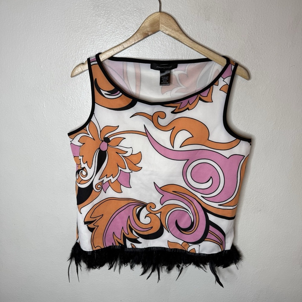 Ashley Stewart Feather Orange Pink‎ Swirl Tank Top Sleeveless Womens 10/12